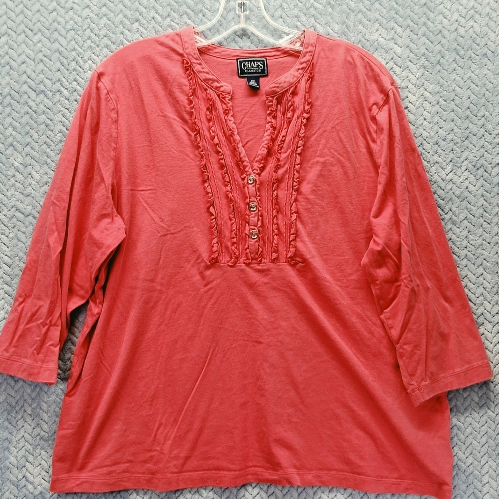 Chaps Classics Womens 2X Coral Pink Cotton Ruffle V-Neck 3/4 Sleeve Top